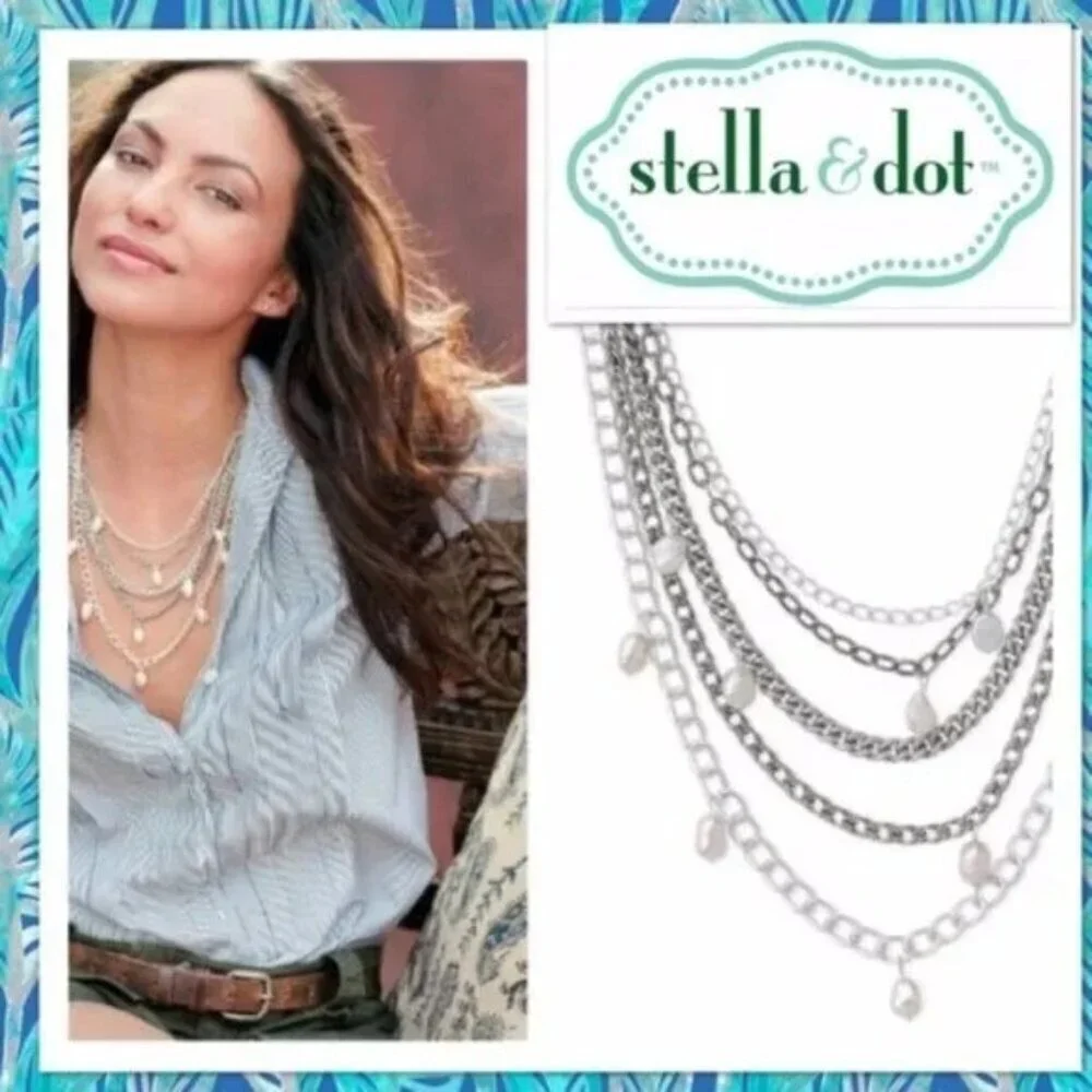 Stella & Dot Avery Multi-Strand Silver Tone and Pearl Necklace